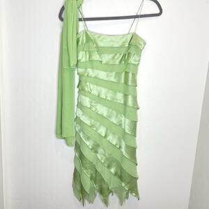 Tadashi Shoji Silk Fairy Dress Womens 8 Green Asymmetrical With Scarf Gown